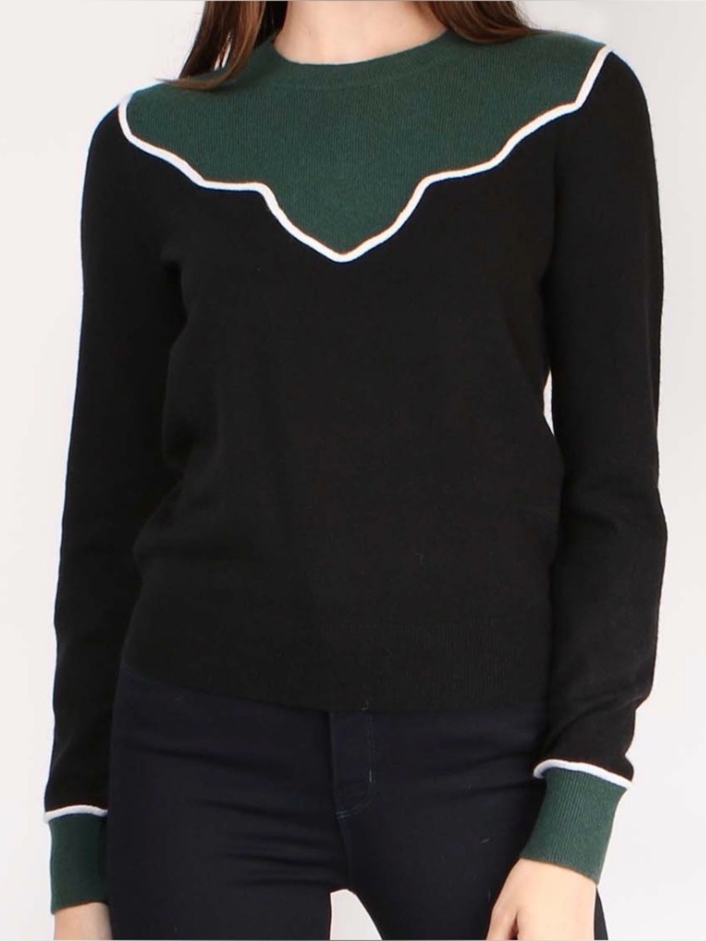 Veronica Beard Black Sweater with Green Scalloped Yoke and White Trim Accent